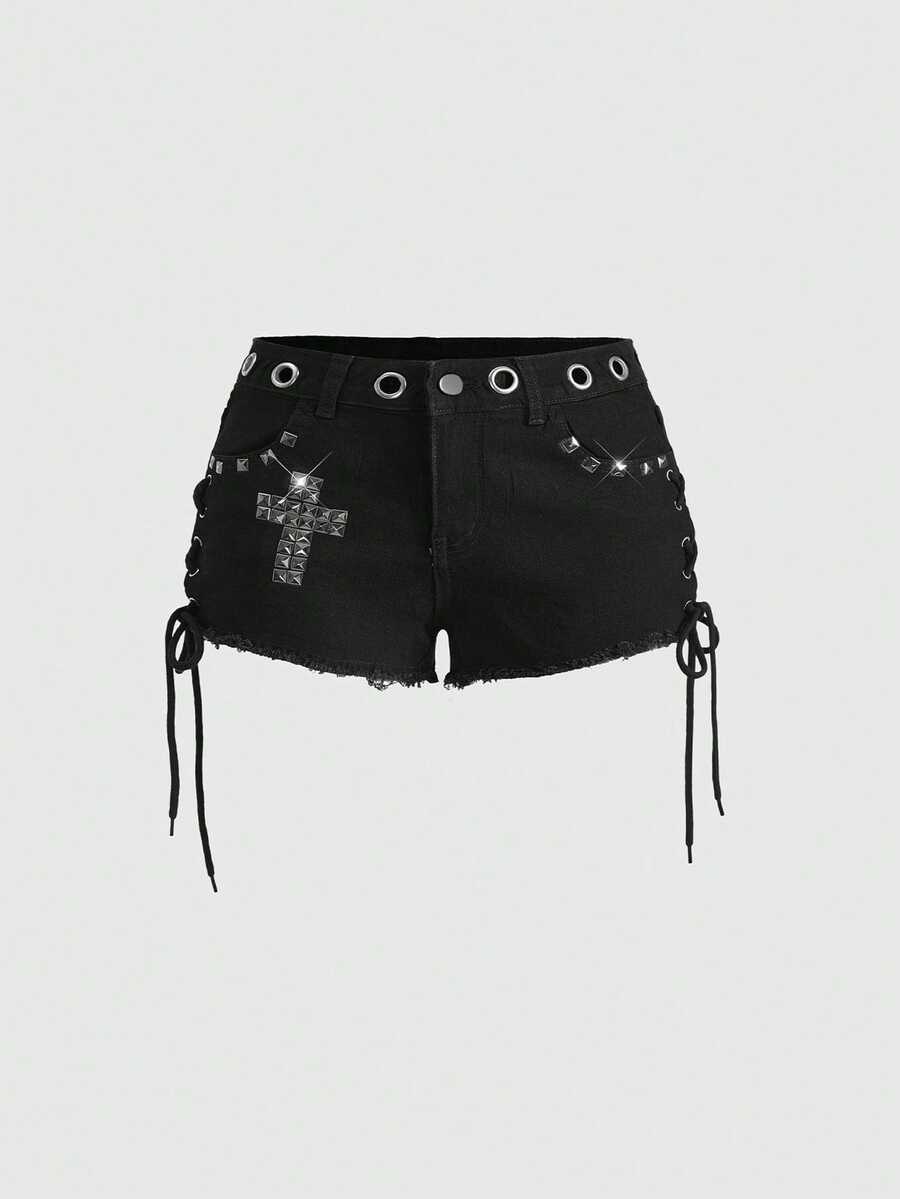 ROMWE Grunge Punk Summer Plus Size Women Punk Rivet Cross Beaded Mini Low Waist Denim Shorts Black Denim Festival Shorts - Black - View 1