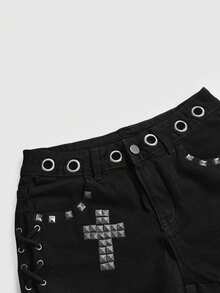 ROMWE Grunge Punk Summer Plus Size Women Punk Rivet Cross Beaded Mini Low Waist Denim Shorts Black Denim Festival Shorts - Black - View 9