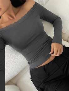 DAZY 女款蕾絲拼接方領優雅套頭T恤 秋季 - 深灰色 - 查看 1
