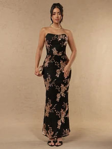 Silquee 女款花卉亮片抹胸魚尾裙擺優雅洋裝，秋季女裝，節日穿搭，新年洋裝 - 黑色 - 查看 6