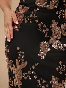 Silquee 女款花卉亮片抹胸魚尾裙擺優雅洋裝，秋季女裝，節日穿搭，新年洋裝 - 黑色 - 查看 10
