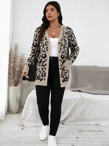 SHEIN VCAY 大尺碼秋季休閒 1960s 1920s 復古 80s 90s 米色印花開襟衫 正式辦公室家庭度假 - 杏色 - 查看 4
