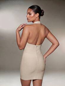 Nuvra Lin Summer Solid Color Spaghetti Strap Backless Short Fitted Elegant Bodycon Bandage Dress For Holiday And Date - Apricot - View 2