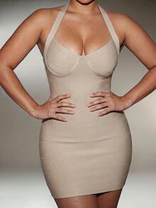 Nuvra Lin Summer Solid Color Spaghetti Strap Backless Short Fitted Elegant Bodycon Bandage Dress For Holiday And Date - Apricot - View 13