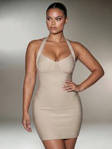 Nuvra Lin Summer Solid Color Spaghetti Strap Backless Short Fitted Elegant Bodycon Bandage Dress For Holiday And Date - Apricot - View 8