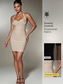 Nuvra Lin Summer Solid Color Spaghetti Strap Backless Short Fitted Elegant Bodycon Bandage Dress For Holiday And Date - Apricot - View 4