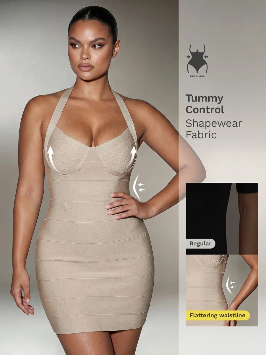 Nuvra Lin Summer Solid Color Spaghetti Strap Backless Short Fitted Elegant Bodycon Bandage Dress For Holiday And Date - Apricot - View 1
