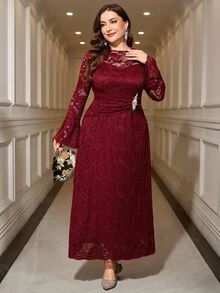 Reflora Plus Size Women's Lace Patchwork Rhinestone Decor Elegant Casual Traditional Waist-Cinching Party Evening Dinner Formal Dress Fall Wedding Burgundy - Burgundy - View 1