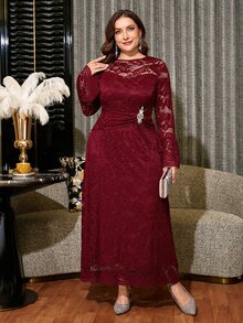 Reflora Plus Size Women's Lace Patchwork Rhinestone Decor Elegant Casual Traditional Waist-Cinching Party Evening Dinner Formal Dress Fall Wedding Burgundy - Burgundy - View 5