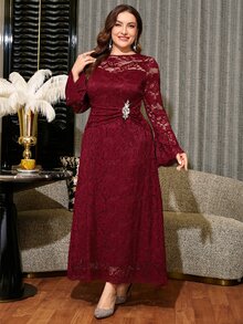 Reflora Plus Size Women's Lace Patchwork Rhinestone Decor Elegant Casual Traditional Waist-Cinching Party Evening Dinner Formal Dress Fall Wedding Burgundy - Burgundy - View 8