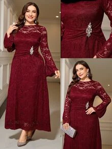 Reflora Plus Size Women's Lace Patchwork Rhinestone Decor Elegant Casual Traditional Waist-Cinching Party Evening Dinner Formal Dress Fall Wedding Burgundy - Burgundy - View 2