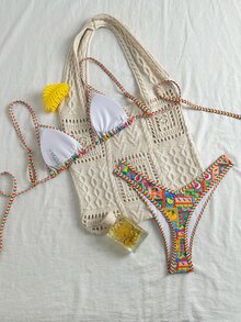 SHEIN Swim 女士花卉印花随机细肩带可爱浪漫吊带比基尼套装，夏季 - 彩色 - 查看 4