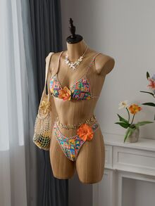 SHEIN Swim 女士花卉印花随机细肩带可爱浪漫吊带比基尼套装，夏季 - 彩色 - 查看 7