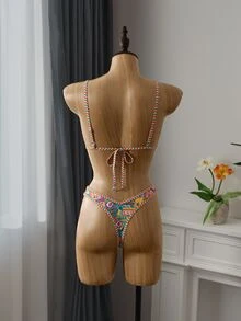SHEIN Swim 女士花卉印花随机细肩带可爱浪漫吊带比基尼套装，夏季 - 彩色 - 查看 2