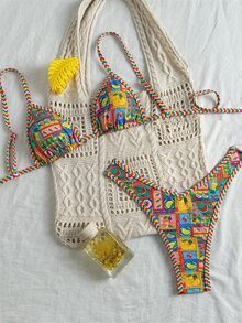SHEIN Swim 女士花卉印花随机细肩带可爱浪漫吊带比基尼套装，夏季 - 彩色 - 查看 3