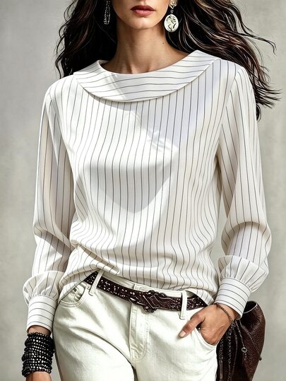 SHEIN Women's Autumn Outfit, Elegant Shirt, Casual Shirt, Going Out Shirt, Holiday Outfit, Vacation Outfit, Women's Country Style, Commute Outfit, Office Outfit, Striped Shirt, Long Sleeve Shirt, Collared Shirt, Loose Shirt, Graduation, White Shirt