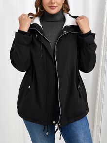 SHEIN CURVE+ Plus Size Hooded Fuzzy Cinched Waist Pocket Design Black Coat Autumn Winter, 2026 22W - Black and White - View 9
