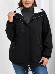 SHEIN CURVE+ Plus Size Hooded Fuzzy Cinched Waist Pocket Design Black Coat Autumn Winter, 2026 22W - Black and White - View 5
