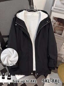 SHEIN CURVE+ Plus Size Hooded Fuzzy Cinched Waist Pocket Design Black Coat Autumn Winter, 2026 22W - Black and White - View 11