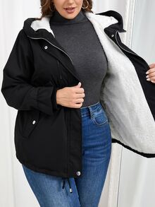 SHEIN CURVE+ Plus Size Hooded Fuzzy Cinched Waist Pocket Design Black Coat Autumn Winter, 2026 22W - Black and White - View 2