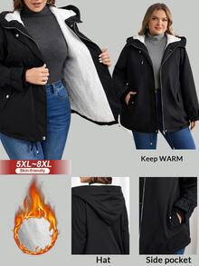 SHEIN CURVE+ Plus Size Hooded Fuzzy Cinched Waist Pocket Design Black Coat Autumn Winter, 2026 22W - Black and White - View 3