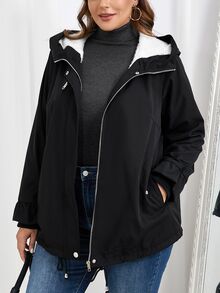 SHEIN CURVE+ Plus Size Hooded Fuzzy Cinched Waist Pocket Design Black Coat Autumn Winter, 2026 22W - Black and White - View 10