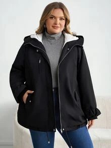 SHEIN CURVE+ Plus Size Hooded Fuzzy Cinched Waist Pocket Design Black Coat Autumn Winter, 2026 22W - Black and White - View 6