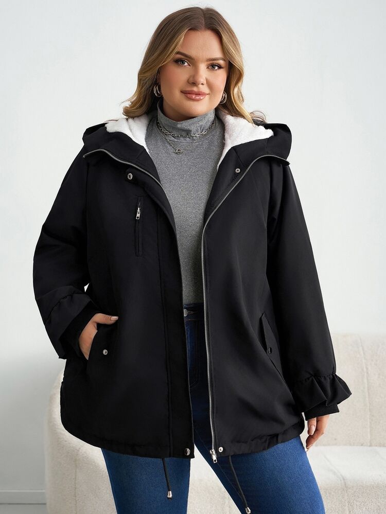 SHEIN CURVE+ 大尺碼連帽毛絨收腰口袋設計黑色外套 秋冬款 2026 22W - 黑與白 - 查看 6