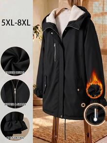 SHEIN CURVE+ Plus Size Hooded Fuzzy Cinched Waist Pocket Design Black Coat Autumn Winter, 2026 22W - Black and White - View 1