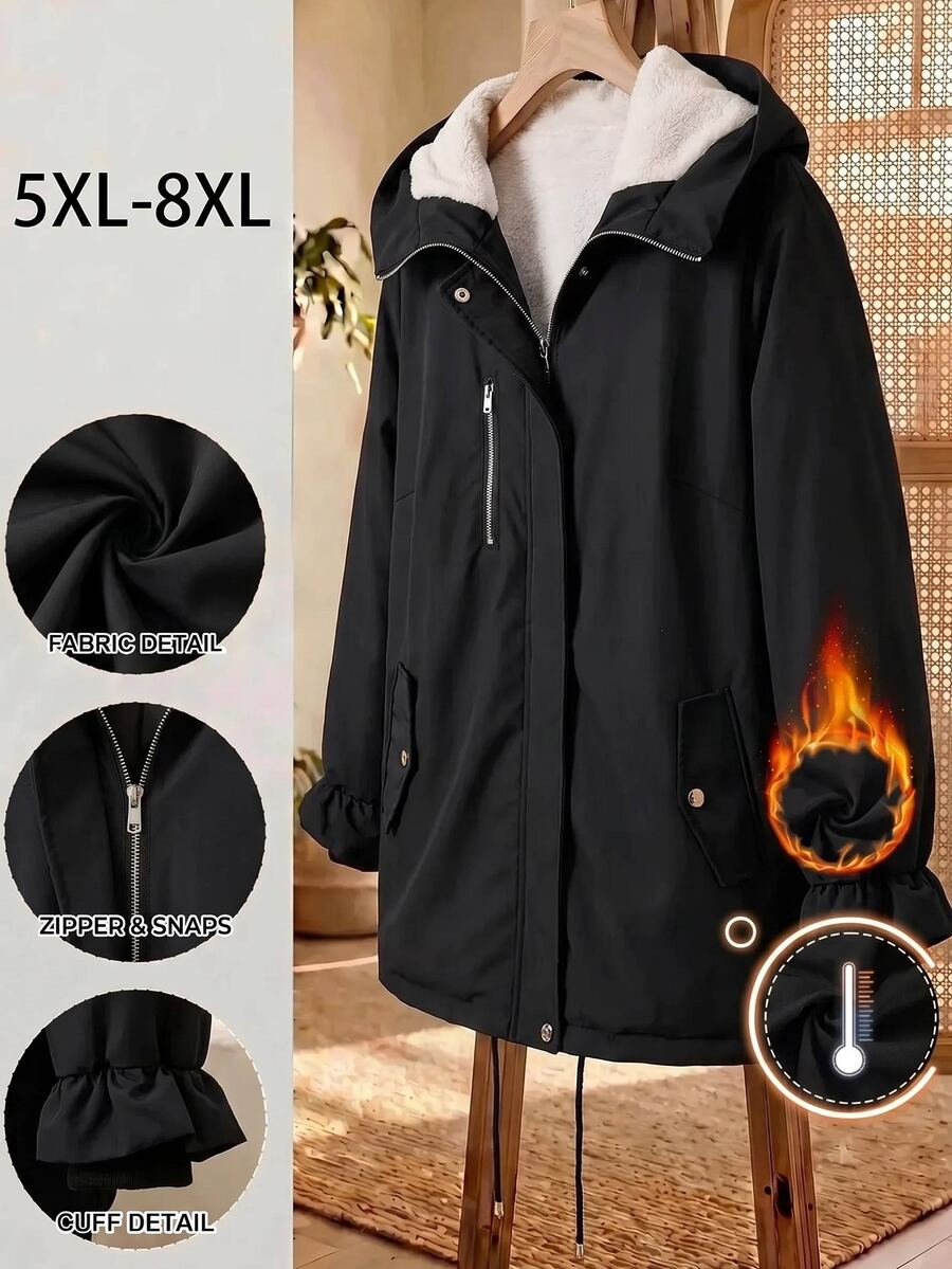 SHEIN CURVE+ Plus Size Hooded Fuzzy Cinched Waist Pocket Design Black Coat Autumn Winter, 2026 22W - Black and White - View 1