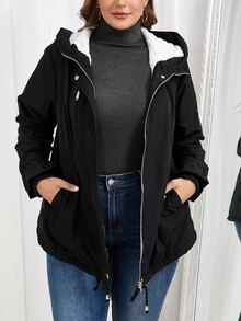 SHEIN CURVE+ Plus Size Hooded Fuzzy Cinched Waist Pocket Design Black Coat Autumn Winter, 2026 22W - Black and White - View 7