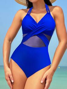 SHEIN Swim Summer Beach One-Piece Swimsuit With Criss-Cross Wrap Detail And Sheer Mesh Panel - Royal Blue - View 5