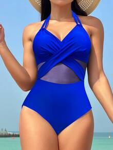 SHEIN Swim Summer Beach One-Piece Swimsuit With Criss-Cross Wrap Detail And Sheer Mesh Panel - Royal Blue - View 6