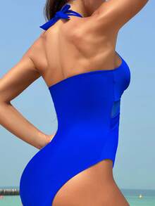 SHEIN Swim Summer Beach One-Piece Swimsuit With Criss-Cross Wrap Detail And Sheer Mesh Panel - Royal Blue - View 3