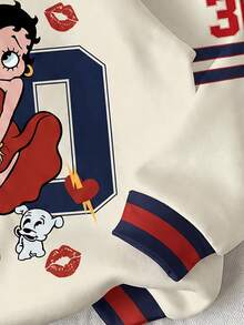 Slaydiva Betty Boop x SHEIN Plus Size Women's Colorblock Patchwork Cartoon Print Hooded Sweatshirt Winter - Multicolor - View 3