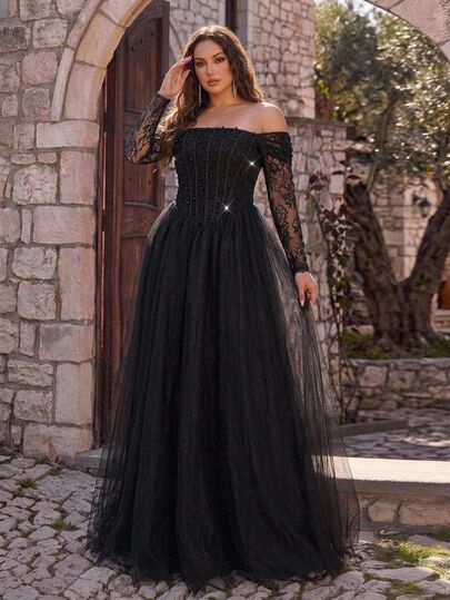 Aureia Plus Size Elegant Romantic Black Long Sleeve Sheer Lace With Pearl & Rhinestone Embellishments, Elastic French Lace Patchwork, Korean Velvet Waist Pleats, Large A-Line Skirt, Suitable For Wedding, Party, Celebration, Formal Event, Evening Dress (Heavy Craft Design)
