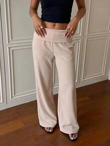 SHEIN EZwear Women's Solid Color Casual Versatile Daily Wear Long Pants - Khaki - View 4