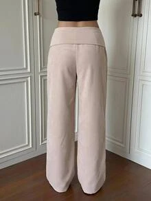 SHEIN EZwear Women's Solid Color Casual Versatile Daily Wear Long Pants - Khaki - View 2
