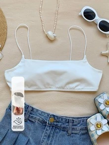 SHEIN EZwear 女款純白色方領細肩帶背心 時尚無袖修身背心上衣 夏季穿搭 - 白色 - 查看 8