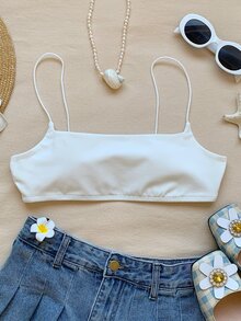 SHEIN EZwear 女款純白色方領細肩帶背心 時尚無袖修身背心上衣 夏季穿搭 - 白色 - 查看 3