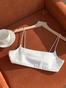 SHEIN EZwear 女款純白色方領細肩帶背心 時尚無袖修身背心上衣 夏季穿搭 - 白色 - 查看 5