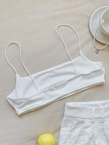SHEIN EZwear 女款純白色方領細肩帶背心 時尚無袖修身背心上衣 夏季穿搭 - 白色 - 查看 2