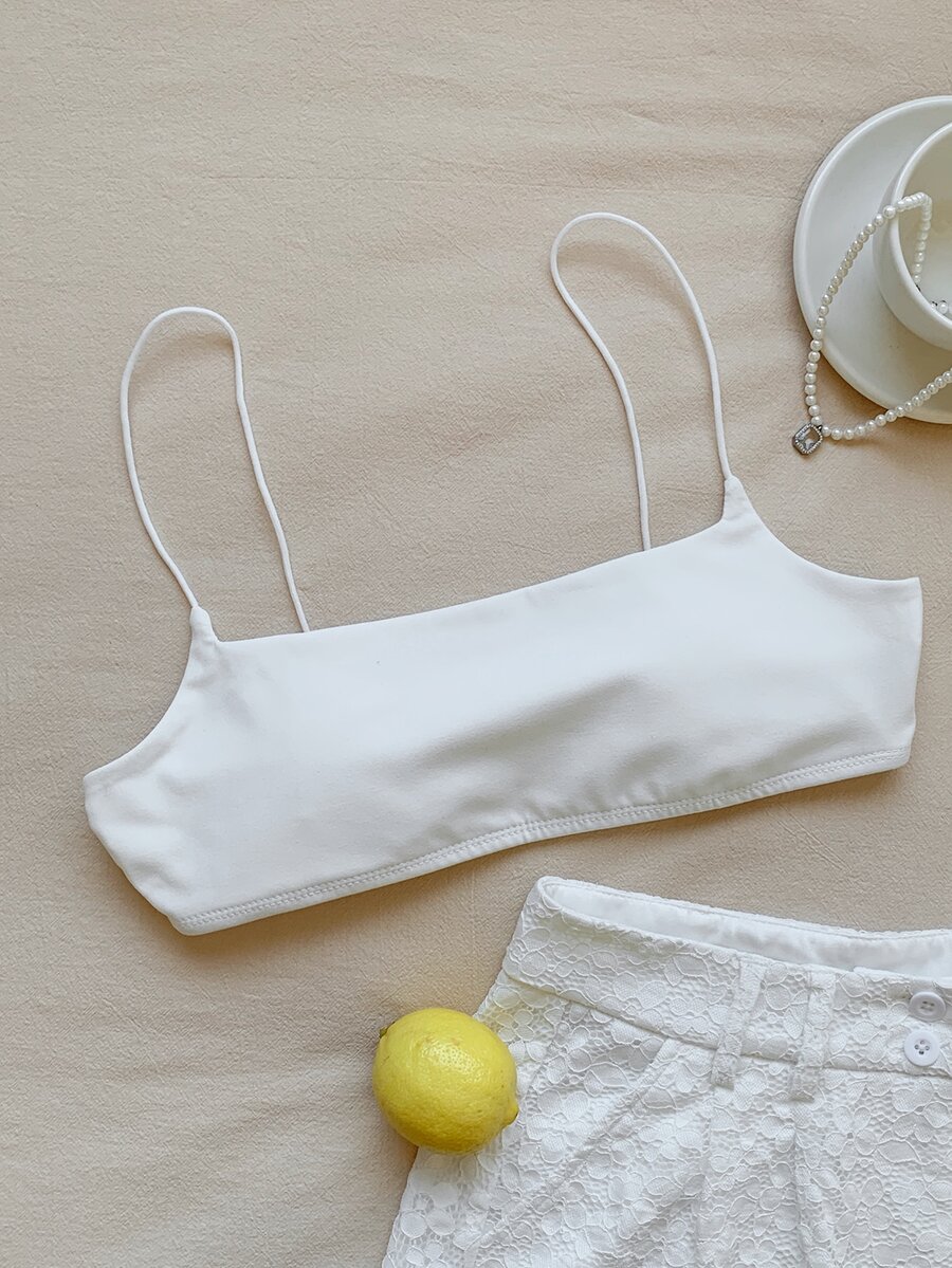 SHEIN EZwear 女款純白色方領細肩帶背心 時尚無袖修身背心上衣 夏季穿搭 - 白色 - 查看 1