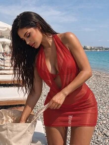 SHEIN Swim Women's Vacation Solid Color V-Neck Halter Backless Sexy Mini Dress For Summer - Red - View 3