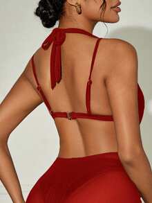 SHEIN Swim Women's Vacation Solid Color V-Neck Halter Backless Sexy Mini Dress For Summer - Red - View 2