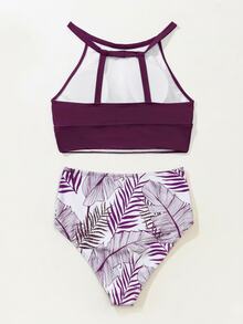SHEIN Swim Women's Solid Color Halter Tankini Top And Triangle Bottoms Swimwear Set, Suitable For Summer Vacation - Purple - View 3