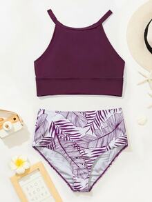 SHEIN Swim Women's Solid Color Halter Tankini Top And Triangle Bottoms Swimwear Set, Suitable For Summer Vacation - Purple - View 6