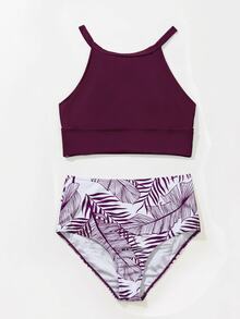SHEIN Swim Women's Solid Color Halter Tankini Top And Triangle Bottoms Swimwear Set, Suitable For Summer Vacation - Purple - View 9