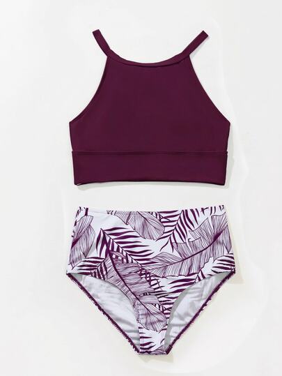 SHEIN Swim Women's Solid Color Halter Tankini Top And Triangle Bottoms Swimwear Set, Suitable For Summer Vacation