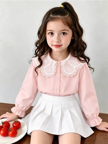 Genkimix Kids 新款時尚甜美蕾絲領白色長袖女童襯衫，百搭內搭上衣，適合秋季 - 粉色 - 查看 3